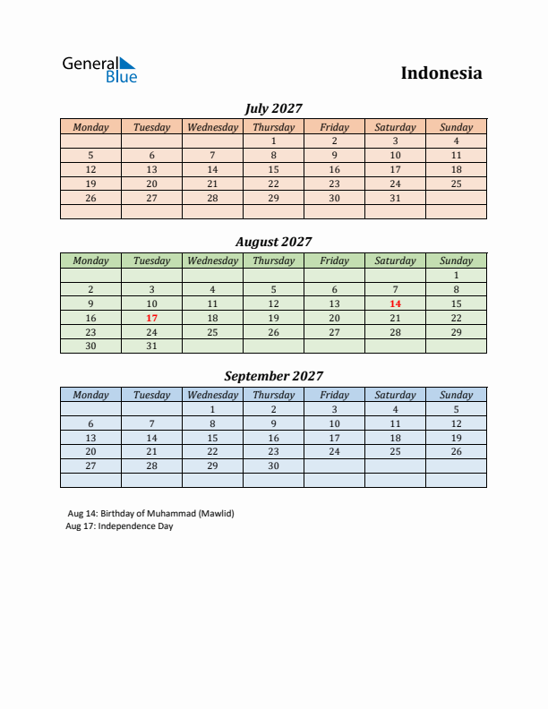 Q3 2027 Holiday Calendar - Indonesia