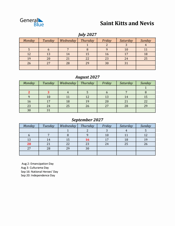 Q3 2027 Holiday Calendar - Saint Kitts and Nevis