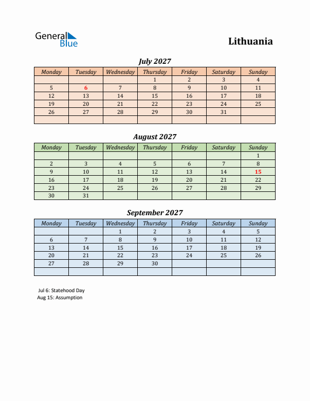 Q3 2027 Holiday Calendar - Lithuania