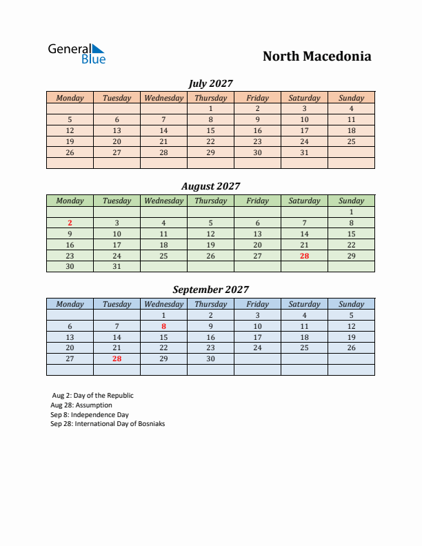 Q3 2027 Holiday Calendar - North Macedonia