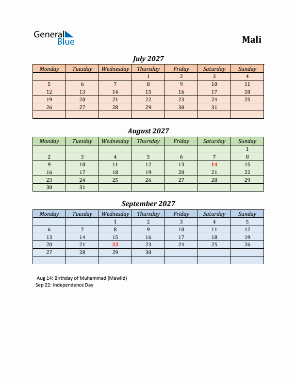 Q3 2027 Holiday Calendar - Mali