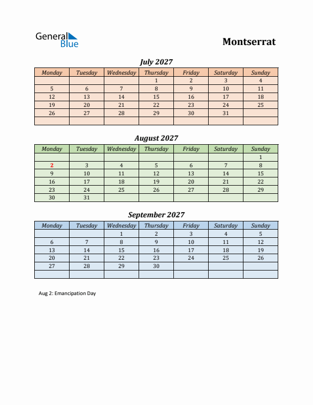 Q3 2027 Holiday Calendar - Montserrat