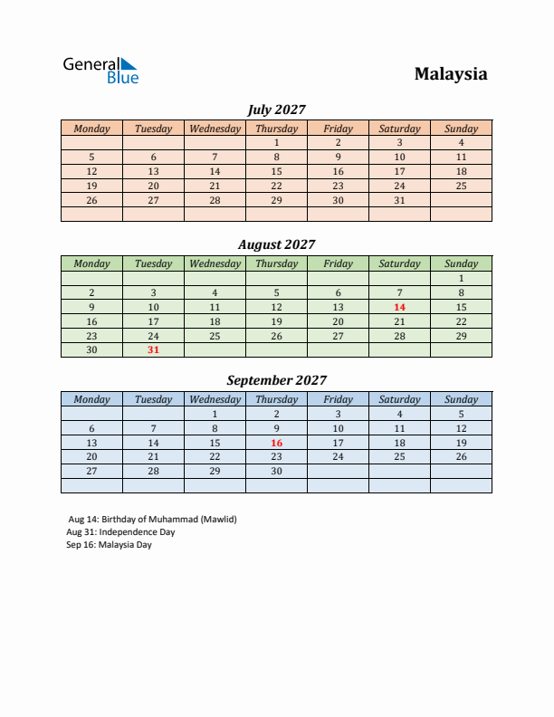 Q3 2027 Holiday Calendar - Malaysia