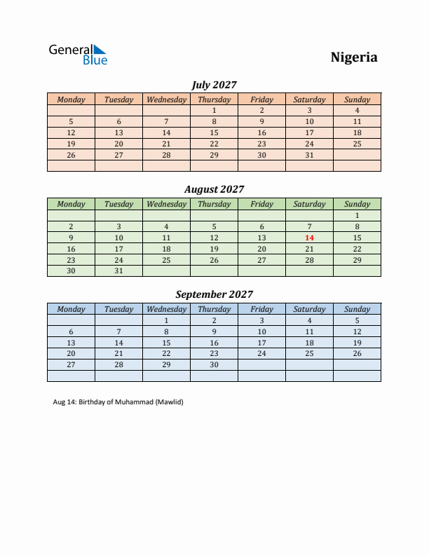 Q3 2027 Holiday Calendar - Nigeria
