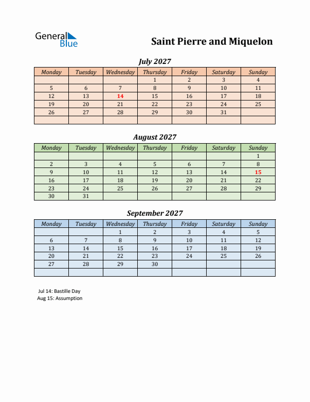 Q3 2027 Holiday Calendar - Saint Pierre and Miquelon