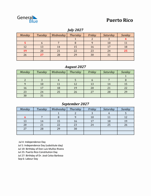 Q3 2027 Holiday Calendar - Puerto Rico
