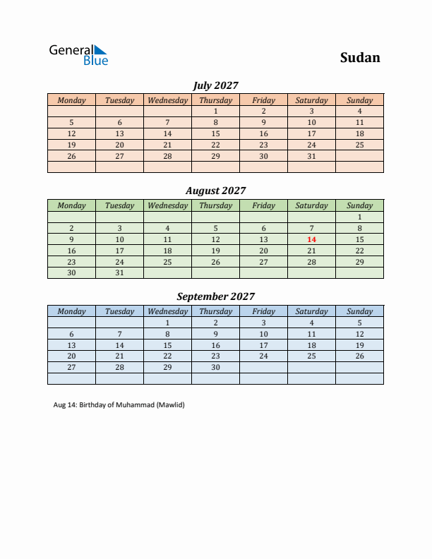 Q3 2027 Holiday Calendar - Sudan