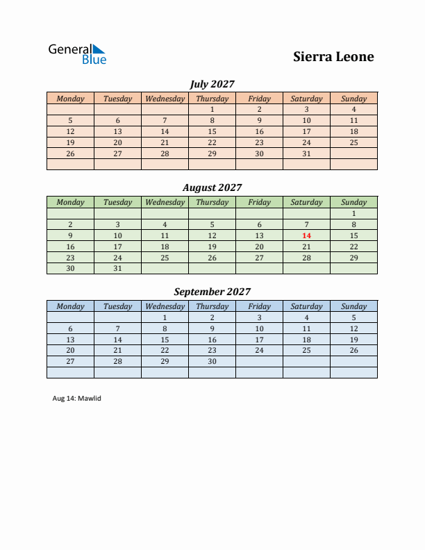 Q3 2027 Holiday Calendar - Sierra Leone