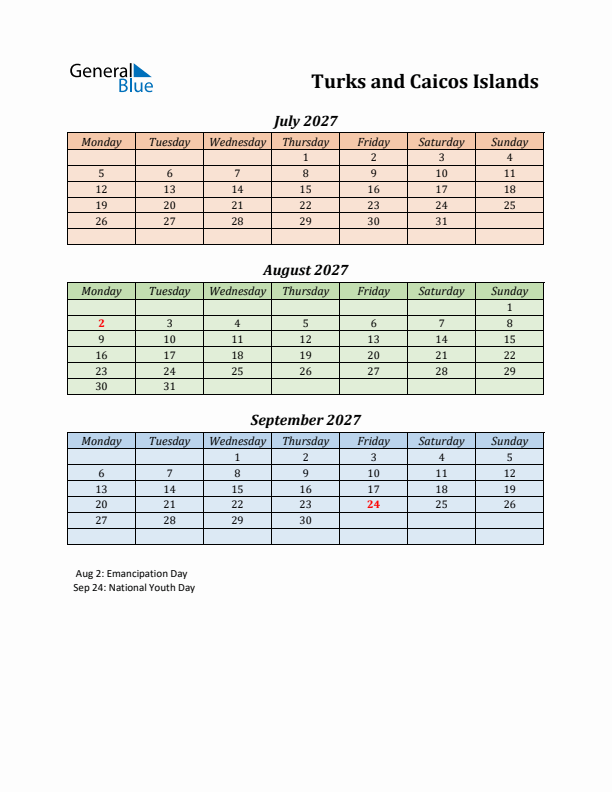 Q3 2027 Holiday Calendar - Turks and Caicos Islands