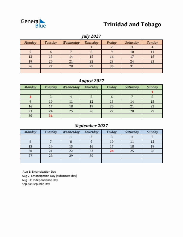 Q3 2027 Holiday Calendar - Trinidad and Tobago