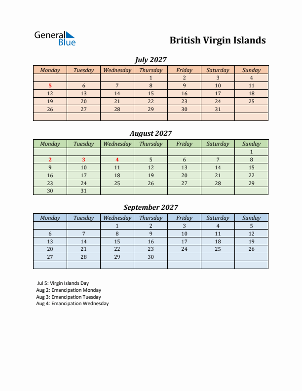 Q3 2027 Holiday Calendar - British Virgin Islands
