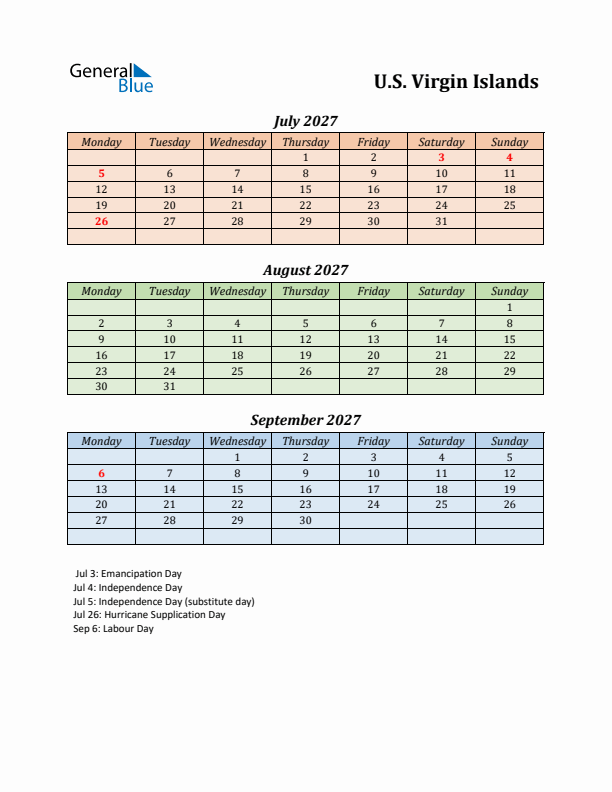 Q3 2027 Holiday Calendar - U.S. Virgin Islands