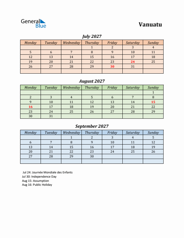 Q3 2027 Holiday Calendar - Vanuatu