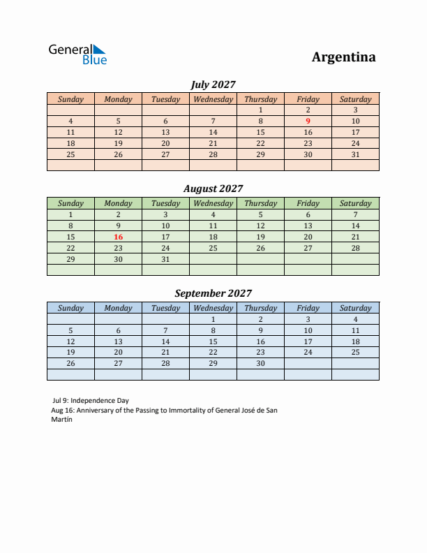 Q3 2027 Holiday Calendar - Argentina