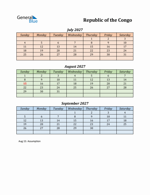Q3 2027 Holiday Calendar - Republic of the Congo