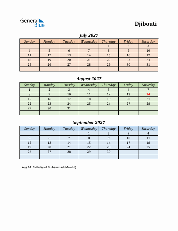 Q3 2027 Holiday Calendar - Djibouti
