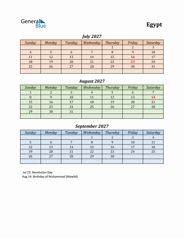 Q3 2027 Holiday Calendar - Egypt
