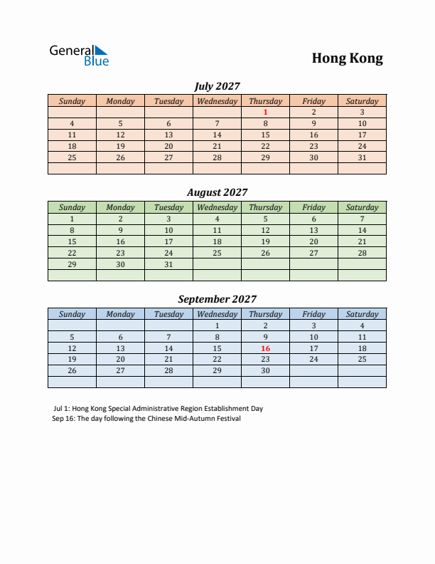 Q3 2027 Holiday Calendar - Hong Kong