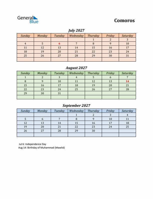 Q3 2027 Holiday Calendar - Comoros