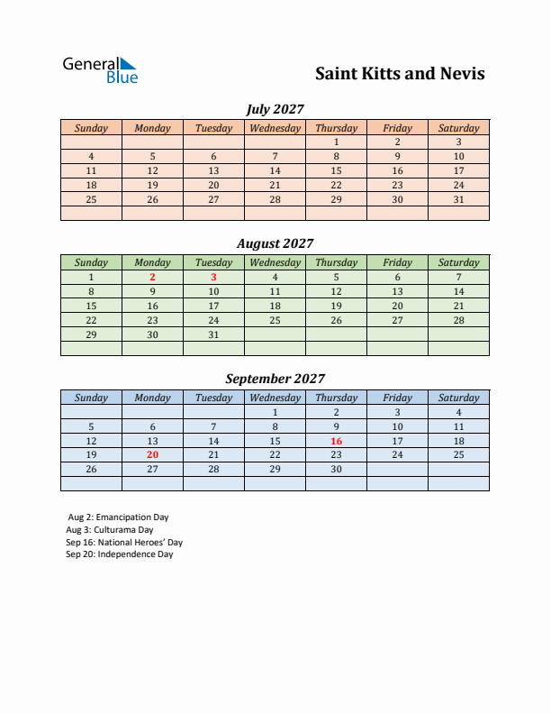 Q3 2027 Holiday Calendar - Saint Kitts and Nevis