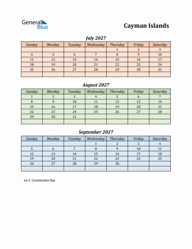 Q3 2027 Holiday Calendar - Cayman Islands