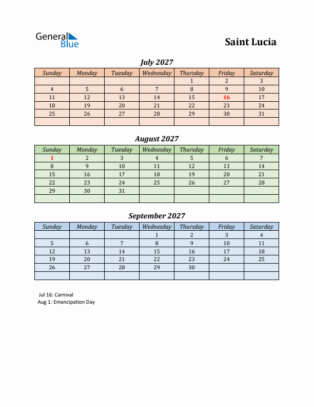 Q3 2027 Holiday Calendar - Saint Lucia