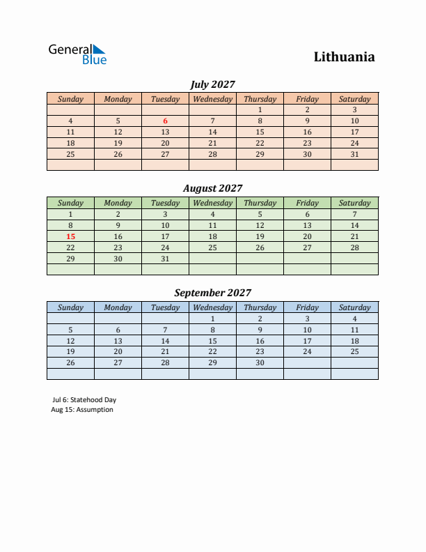 Q3 2027 Holiday Calendar - Lithuania