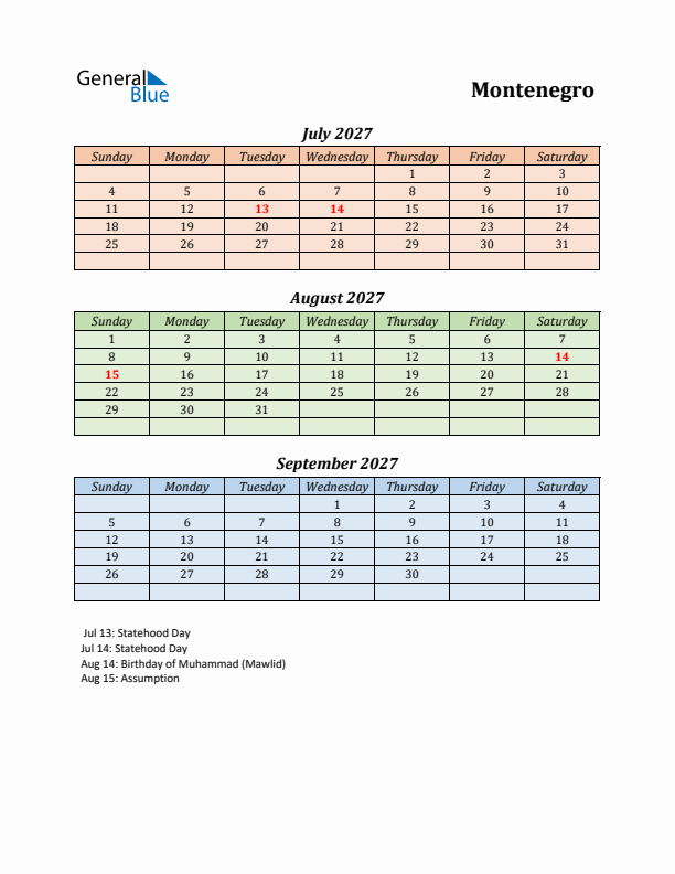 Q3 2027 Holiday Calendar - Montenegro