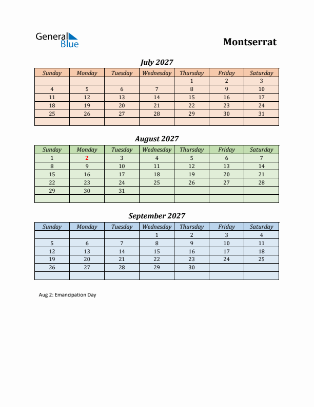 Q3 2027 Holiday Calendar - Montserrat
