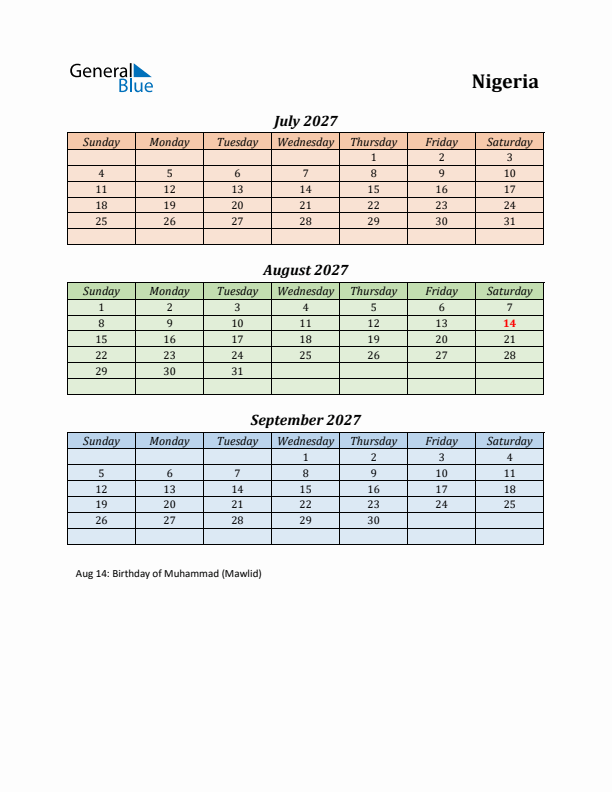 Q3 2027 Holiday Calendar - Nigeria