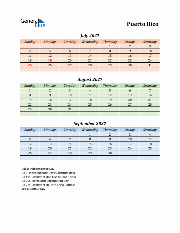 Q3 2027 Holiday Calendar - Puerto Rico