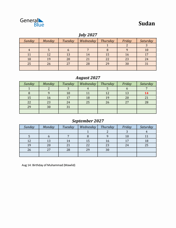Q3 2027 Holiday Calendar - Sudan