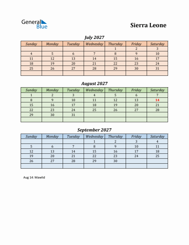 Q3 2027 Holiday Calendar - Sierra Leone