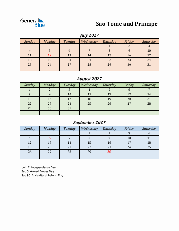 Q3 2027 Holiday Calendar - Sao Tome and Principe