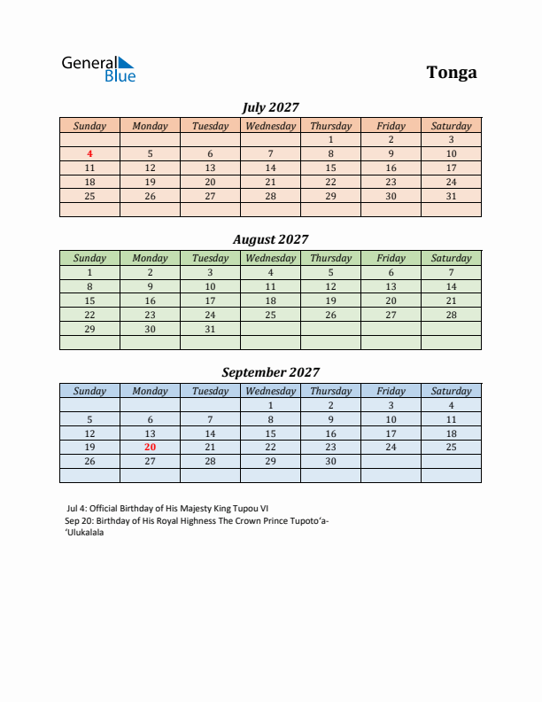 Q3 2027 Holiday Calendar - Tonga
