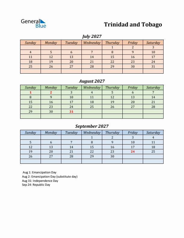 Q3 2027 Holiday Calendar - Trinidad and Tobago