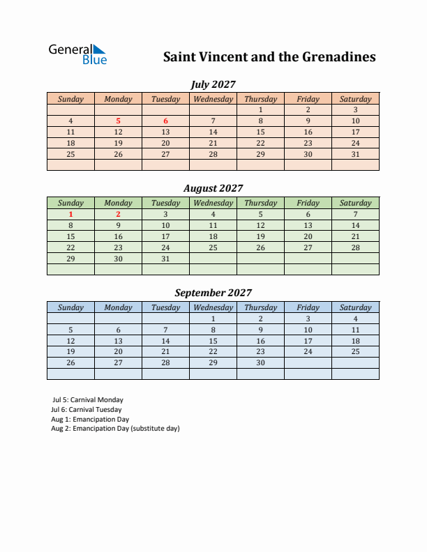Q3 2027 Holiday Calendar - Saint Vincent and the Grenadines