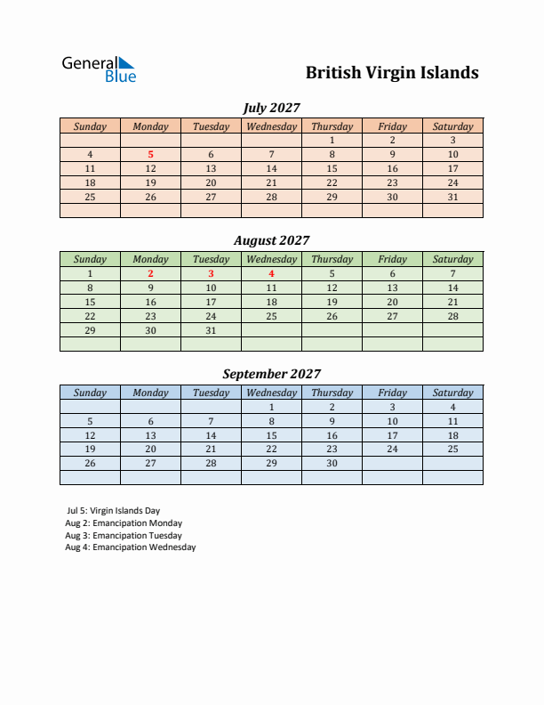 Q3 2027 Holiday Calendar - British Virgin Islands