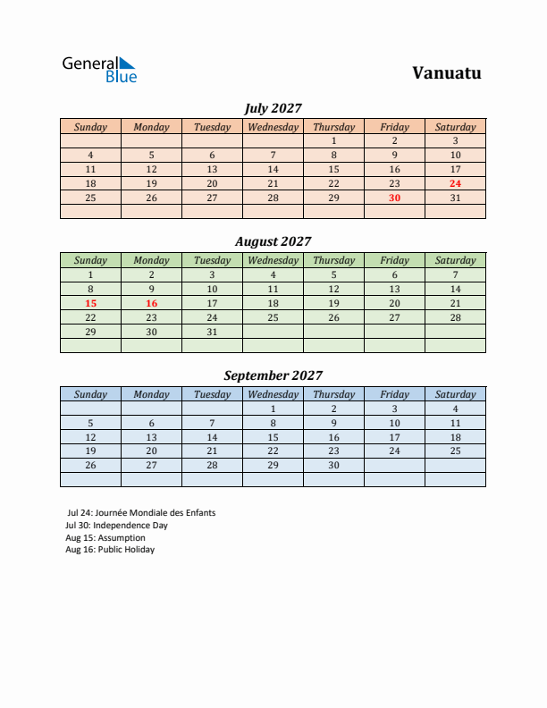Q3 2027 Holiday Calendar - Vanuatu
