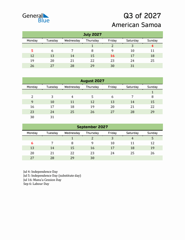 Quarterly Calendar 2027 with American Samoa Holidays