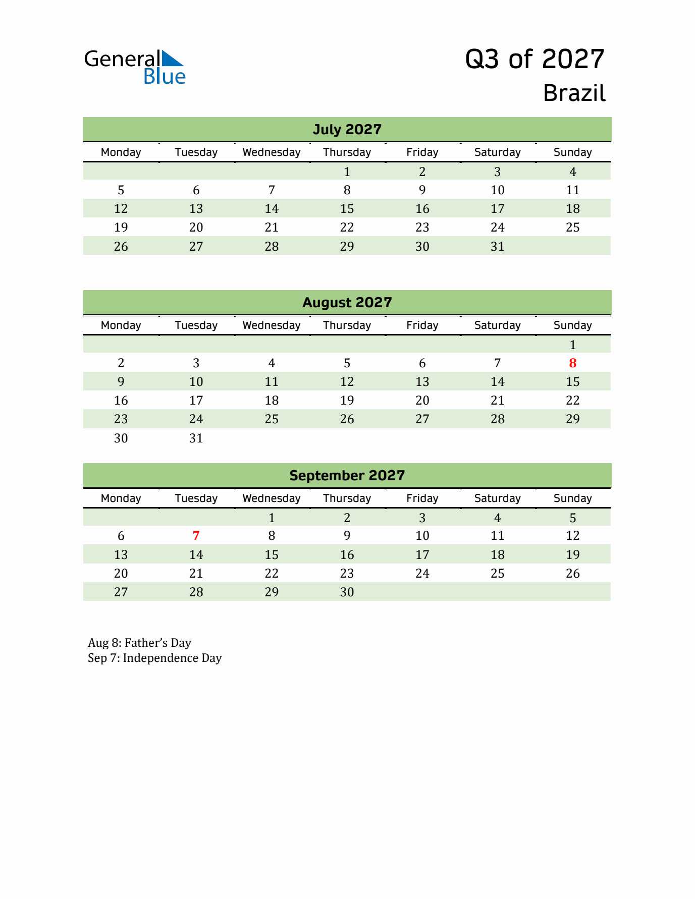 Quarterly Calendar 2027 with Brazil Holidays