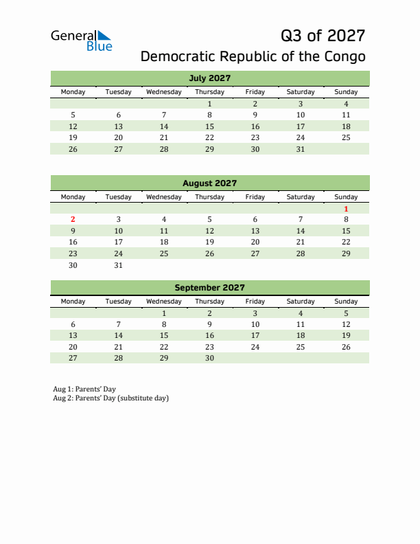 Quarterly Calendar 2027 with Democratic Republic of the Congo Holidays