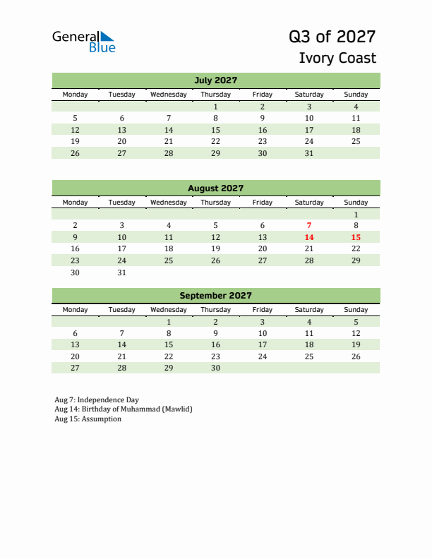 Quarterly Calendar 2027 with Ivory Coast Holidays