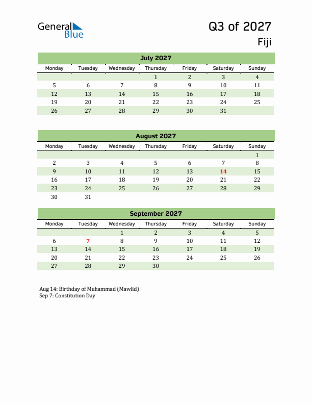 Quarterly Calendar 2027 with Fiji Holidays