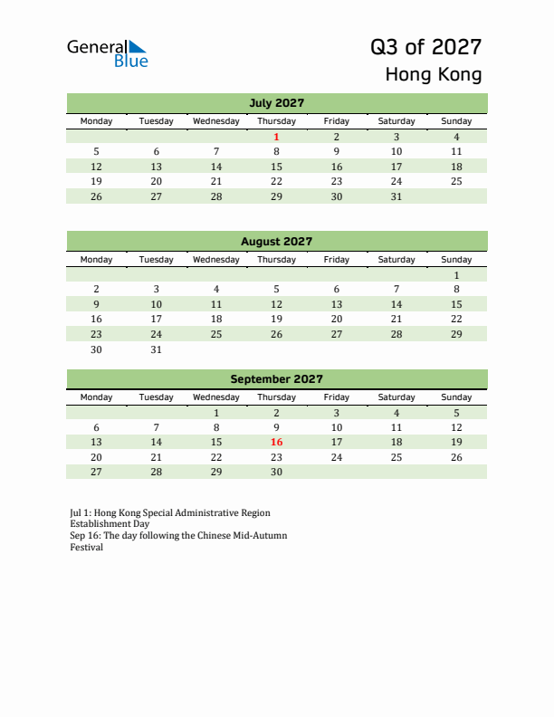 Quarterly Calendar 2027 with Hong Kong Holidays