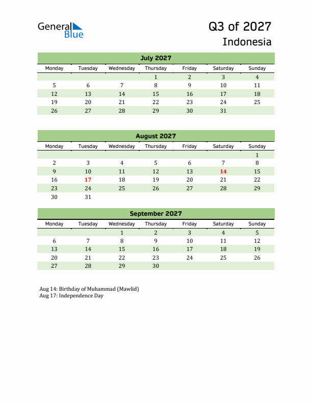 Quarterly Calendar 2027 with Indonesia Holidays