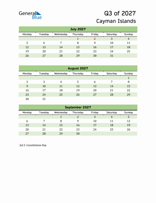 Quarterly Calendar 2027 with Cayman Islands Holidays