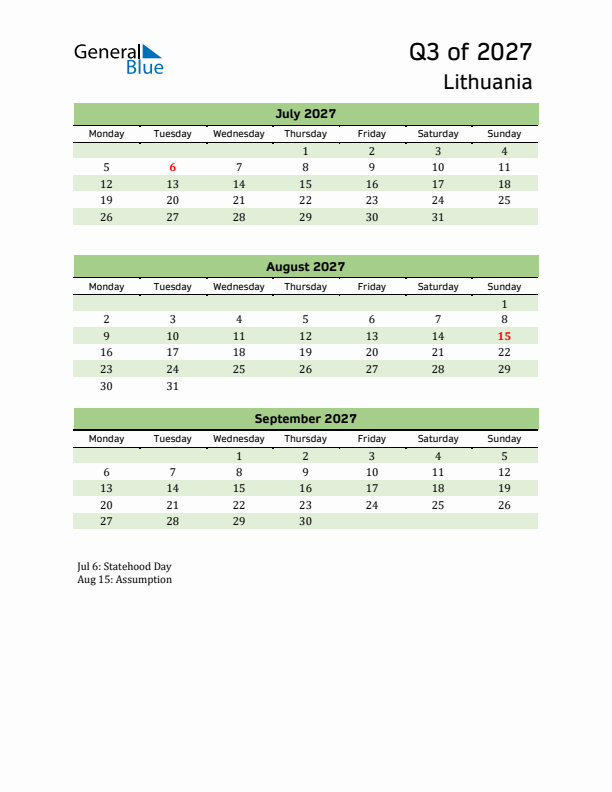 Quarterly Calendar 2027 with Lithuania Holidays