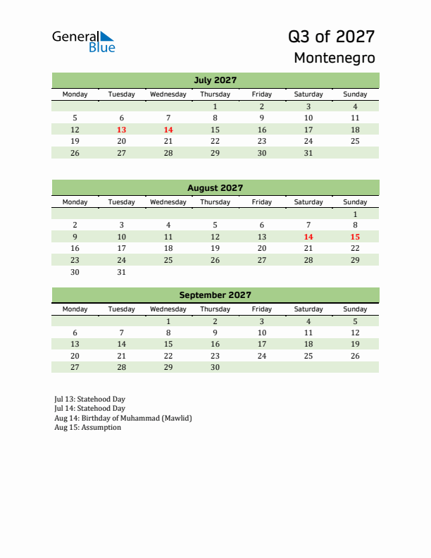 Quarterly Calendar 2027 with Montenegro Holidays