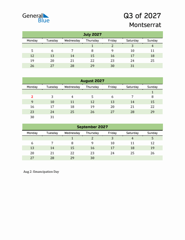 Quarterly Calendar 2027 with Montserrat Holidays
